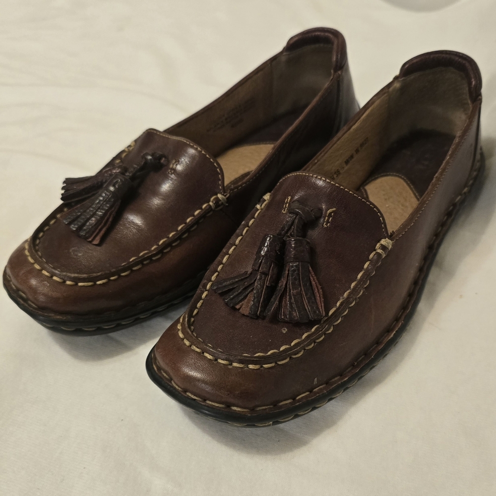 Born Brown Leather Slip On Loafers Tassels Size 6/36 Comfort Flats